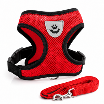 Breathable Mesh Harness with Leash – Adjustable & Reflective for Dogs and Cats in red