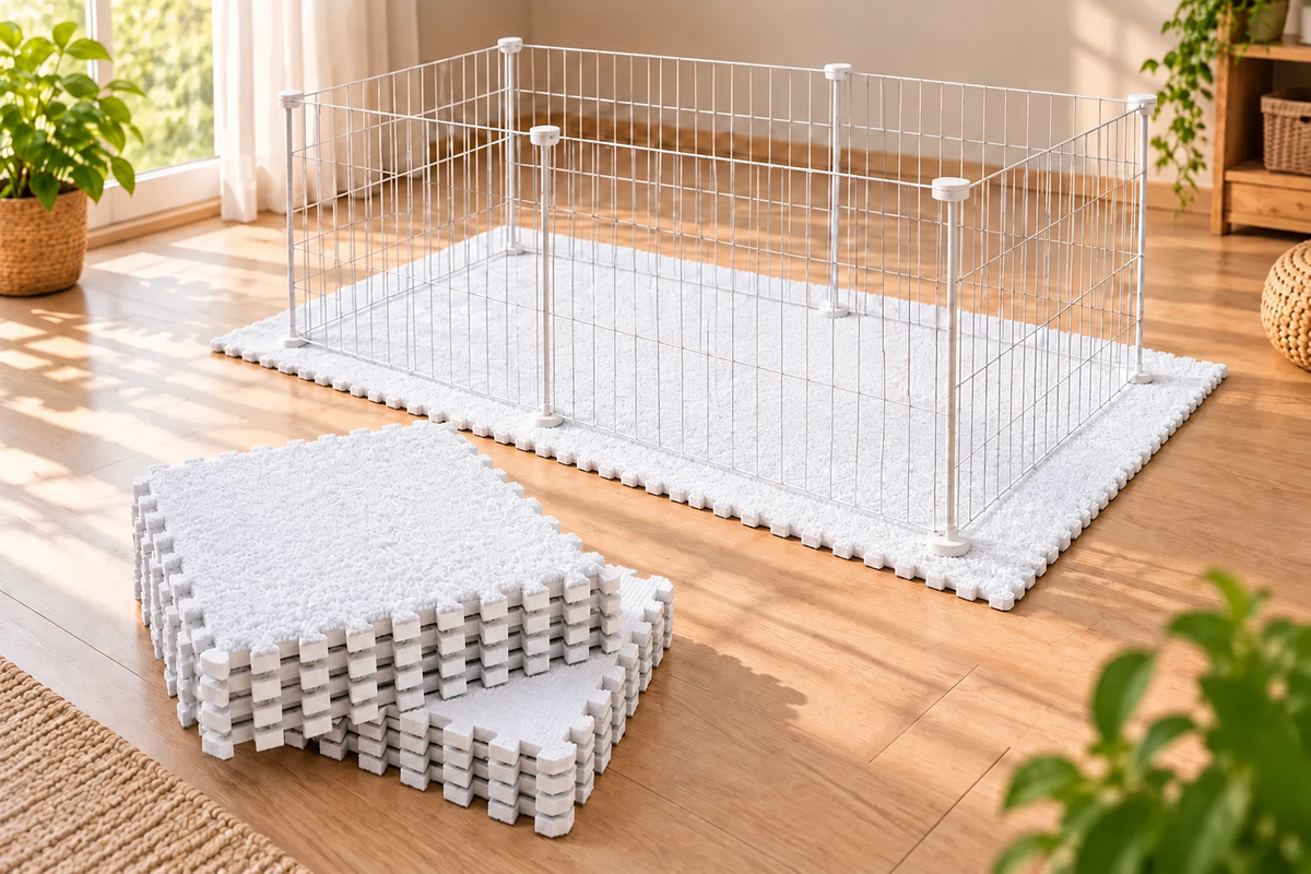 Waterproof fleece cage liner with stacked white tiles beside the enclosure